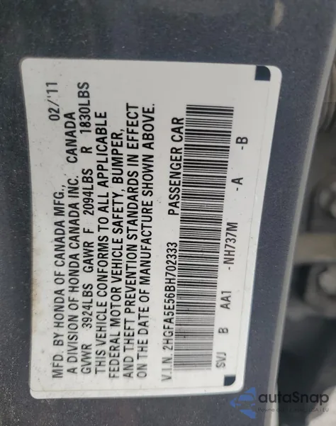 2011 Honda Civic Si from USA, damaged, VIN 2HGFA5E56BH702333